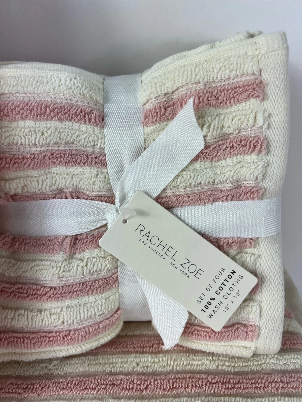 8 Pc Rachel Zoe Bath Towels Set Pink Cream Striped Soft 100% Cotton NEW
